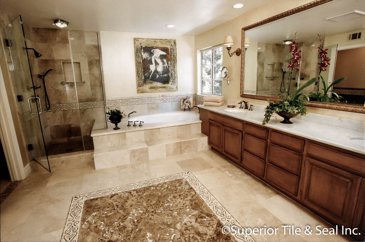 Classico Travertine Counter and Floor with Noche Shower Tile in Los Angeles