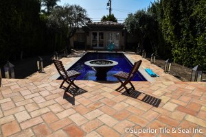 French Terracotta patio and glass pool tiles in Los Angeles