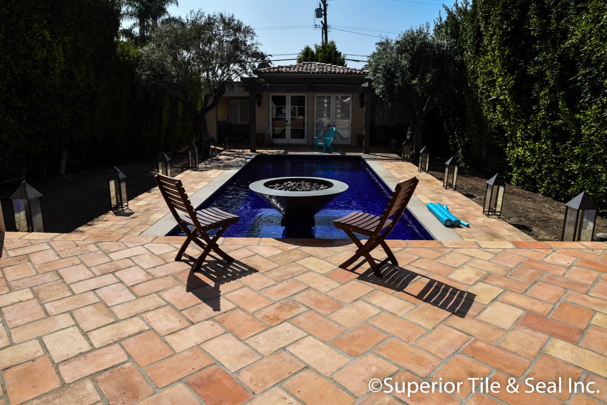 French Terracotta patio anc glass pool tiles