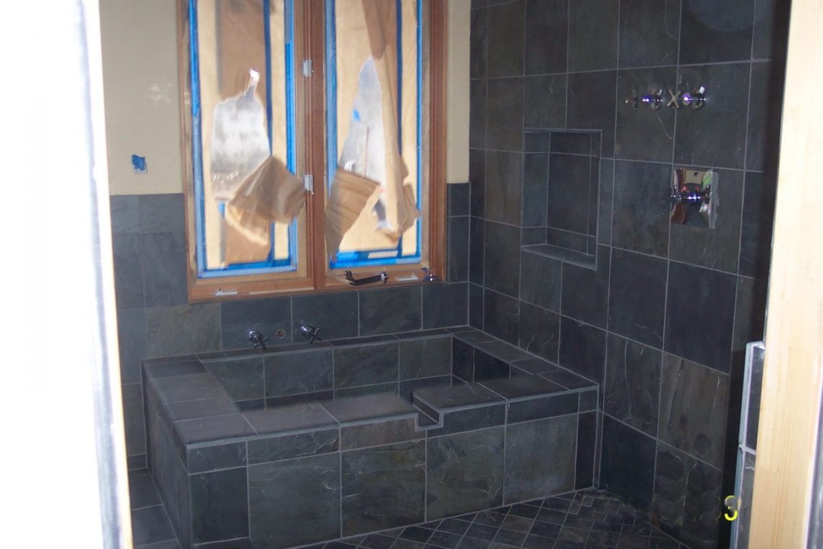 Custom Slate Tile Shower with Sunken Tub